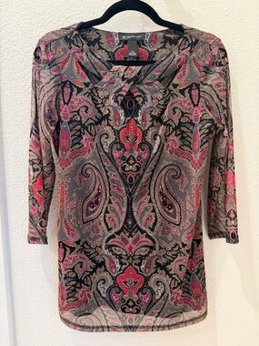 INC International Concepts Petite Paisley V-Neck Top in Fuchsia and Black